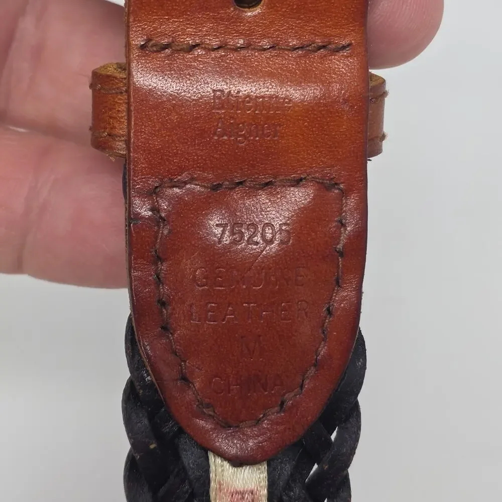 VTG Etienne Aigner Brown Woven Leather Belt Womens Medium Brass Buckle Logo